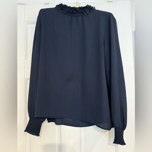 CeCe Navy Blouse with Smocked Cuffs and intricate collar, size M, EUC